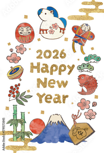 馬の飾りと正月の縁起物の年賀状テンプレート