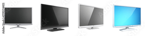 Modern LED computer monitors and flat screen televisions showcasing vibrant blue display and sleek white frames, perfect for tech presentations and digital displays.