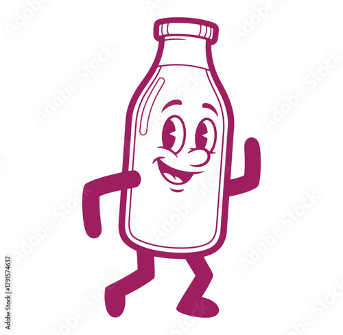 Cheerful cartoon milk bottle character with arms and legs waving friendly greetings