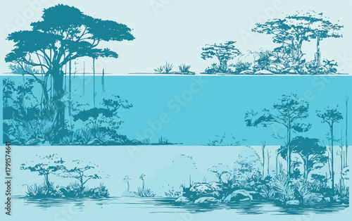 Uma ilustração vetorial detalhada de um ecossistema aquático e terrestre, mostrando a diversidade da flora e a interação com a água.