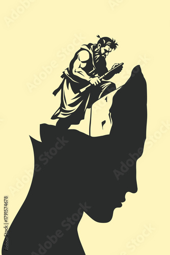 Surreal illustration of a sculptor carving atop a giant head silhouette, symbolizing shaping identity, inner transformation, personal growth, self-discovery, and the power of the mind.