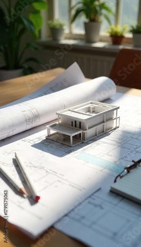 A blueprint spread across a desk, pencils and a scale model of a building resting nearby, sunlight illuminating the scene Architectural design, planning, and creation in progress , architect, home