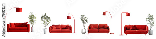 Vibrant red sofas paired with modern red arc floor lamps and lush potted plants create a stylish and inviting living room aesthetic ideal for design inspiration