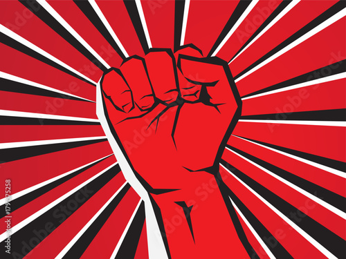 Raised fist against a red sun background