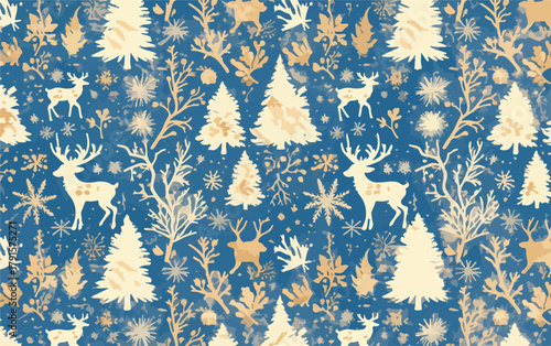 Padrão natalino sem costura em tons de azul e dourado, com veados, árvores de natal e flocos de neve, ideal para decorações festivas.