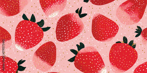 Padrão sem costura de morangos vermelhos vibrantes sobre um fundo rosa suave com detalhes dourados, ideal para designs gráficos e estampas.