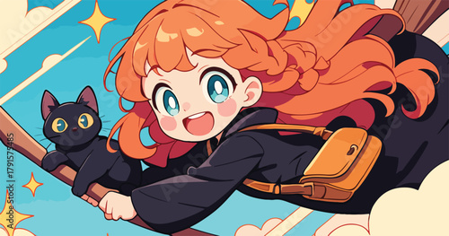 Uma alegre bruxinha de cabelo ruivo, estilo anime, voa em sua vassoura com seu gato preto sob um céu estrelado e mágico.