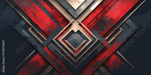 Um fundo abstrato e geométrico com camadas de formas vermelhas, douradas e escuras, criando um padrão moderno e sofisticado para design gráfico.