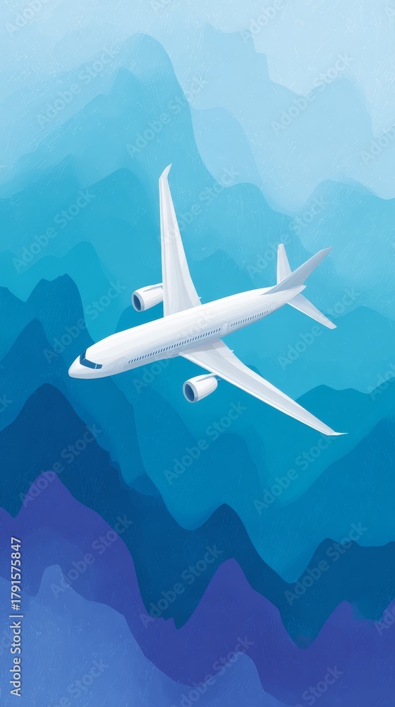 Fototapeta premium White airplane soars gracefully over majestic mountain range peaks at high altitude.