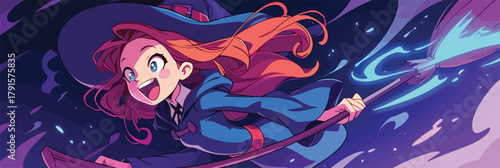 Uma bruxa jovem e alegre com cabelo ruivo voa dinamicamente em sua vassoura mágica através de um céu noturno estrelado, emanando um brilho encantador.