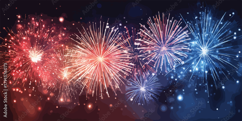 Naklejka premium Uma deslumbrante exibição noturna de fogos de artifício em cores vibrantes, iluminando o céu escuro com um espetáculo festivo e alegre.