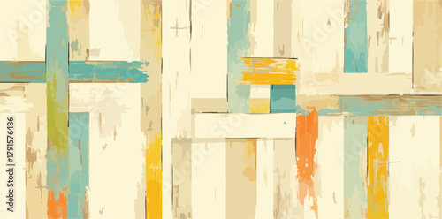 Fundo vetorial abstrato com textura de madeira pintada em tons suaves de azul, amarelo e laranja, ideal para designs modernos e vintage.