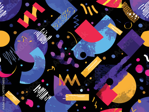 Padrão abstrato sem costura com formas geométricas vibrantes e estilo retrô dos anos 80, ideal para fundos e designs modernos.