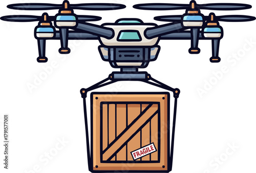 Drone delivering a fragile wooden crate package.