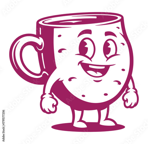 Cheerful coffee mug mascot cartoon illustration with a friendly face and big smile