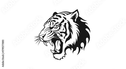 A fierce black and white illustration of a tiger's head roaring with its mouth open and teeth bared.