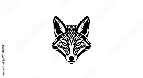 A striking black and white illustration of a stylized fox head with intricate tribal patterns adorning its face.