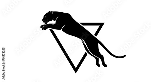 A black panther leaps gracefully over a black triangle on a white background, symbolizing power and agility.