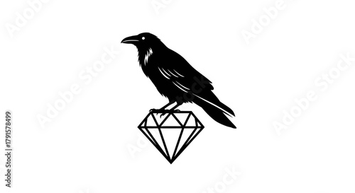 A black silhouette of a raven perched atop a faceted diamond on a white background.