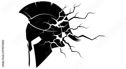 A black silhouette of a Spartan helmet cracking and disintegrating into fragments.
