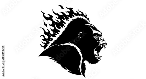 A fierce gorilla with flames erupting from its head, depicted in a black and white silhouette.