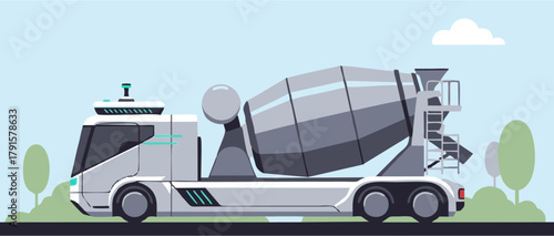 Modern Concrete Mixer Truck Driving on Road.