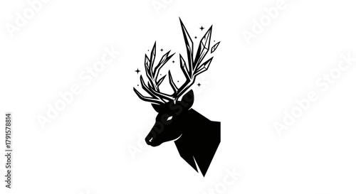 A striking black silhouette of a deer's head with stylized, crystalline antlers that appear to be growing leaves or crystals.