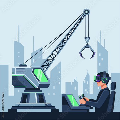 Man operating a crane with virtual reality headset in a futuristic setting.