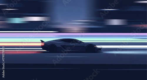 Sleek sports automobile accelerates rapidly across a dark urban thoroughfare with light streaks indicating motion.