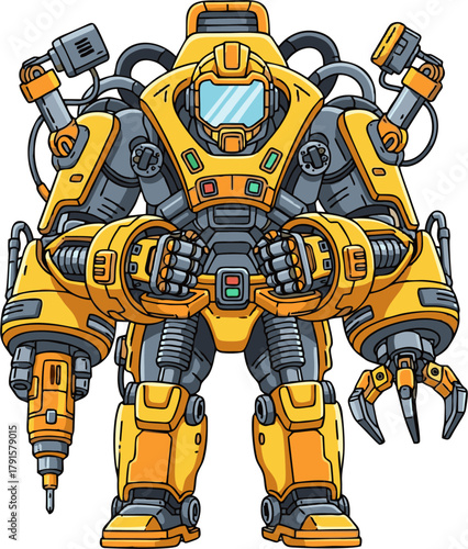 Powerful Yellow Industrial Robot Exoskeleton Suit with Multiple Robotic Arms and Tools.