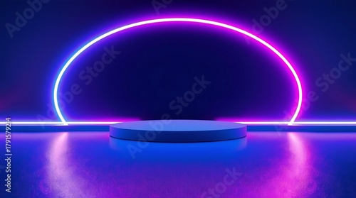 Futuristic neon archway with product display pedestal and reflective surface