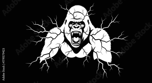 A powerful white gorilla emerges from a cracked black background, showcasing its strength and ferocity.