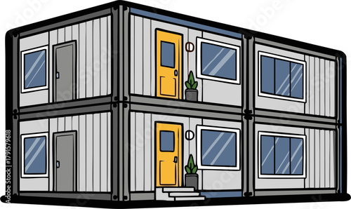 Two-story modular container building with multiple units.