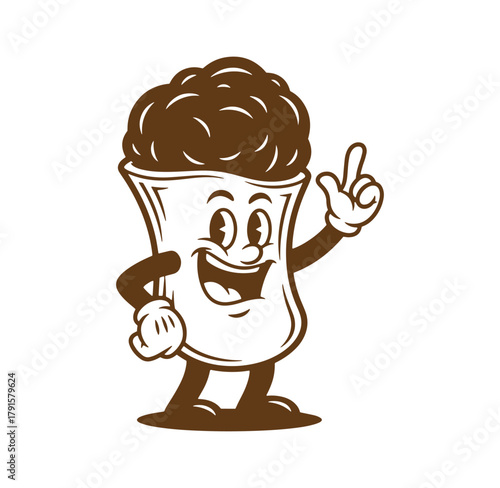 Friendly cartoon coffee cup mascot pointing upwards with a happy smiling expression