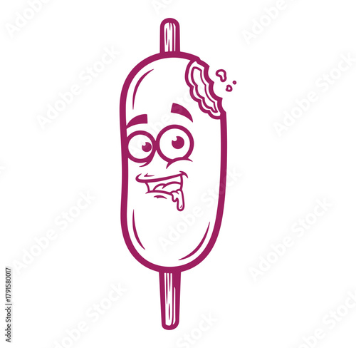 Fun cartoon illustration of a bitten popsicle with googly eyes and drool isolated