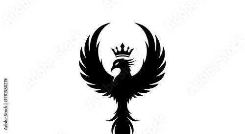 A striking black silhouette of a crowned phoenix with outstretched wings against a white background.