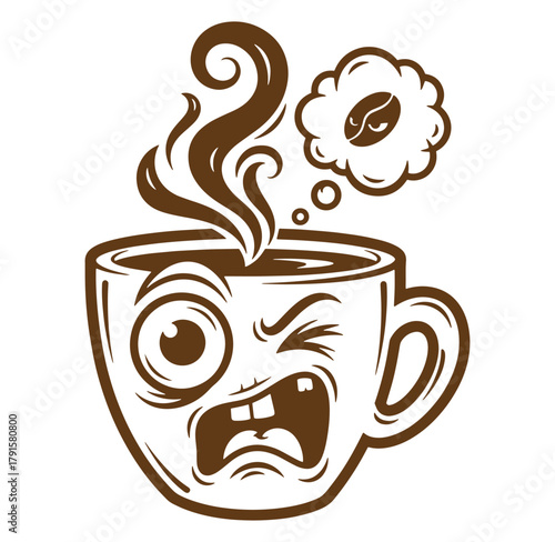 Funny coffee mug cartoon with exaggerated facial expression and thought bubble design