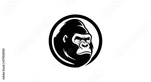 A striking black and white illustration of a gorilla's head within a circular emblem, conveying strength and intensity.