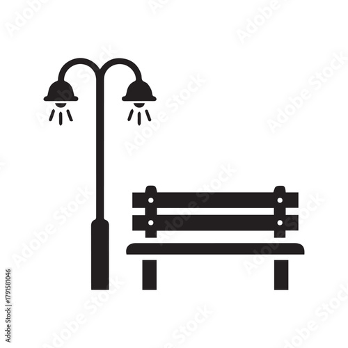 Park bench and lamppost icon. City street furniture symbol. Public outdoor seating and lighting silhouette. Vector glyph for urban design.
