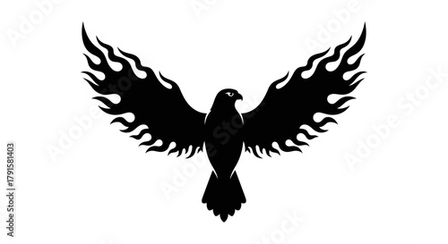 A striking black silhouette of a bird of prey with fiery wings spread wide against a white background.