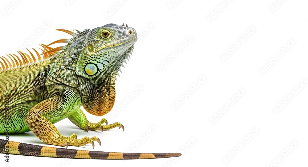 Obraz premium A Detailed Close-Up Portrait of a Vibrant Green Iguana Showing its Scales and Spikes