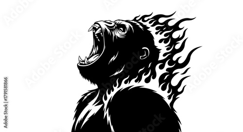 A fierce gorilla with flames erupting from its head, depicted in a black and white graphic style.