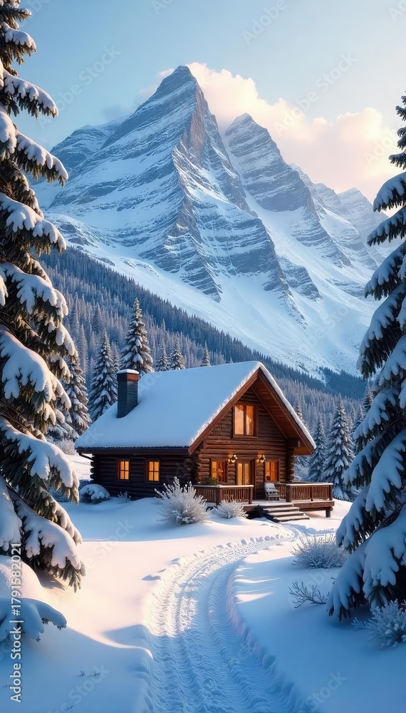 Fototapeta premium A cozy cabin nestled in a snowy mountain landscape, perfect for a peaceful winter getaway Enjoy the serenity of a secluded holiday retreat , contemplation, log, comfortable
