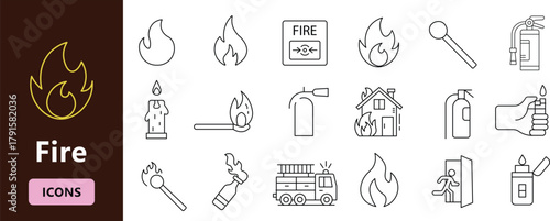 Fire safety line icons set with flame, extinguisher, firefighter equipment and emergency tools for protection and prevention vector illustration