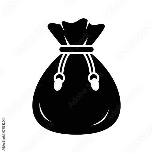 Black silhouette of a money bag with a drawstring, symbolizing wealth and savings