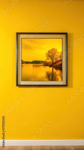 Large framed landscape photo hanging on gray wall
