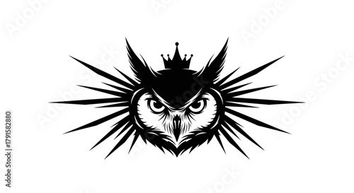 A striking black and white illustration of an owl's face with a crown and radiating lines.
