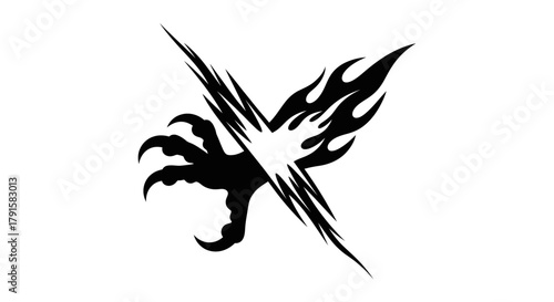 A striking black and white graphic design featuring a stylized eagle's claw and fiery wings forming an 'X' shape.
