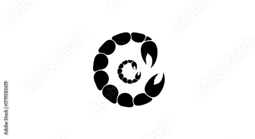 A stylized black scorpion silhouette forms a spiral pattern on a white background.