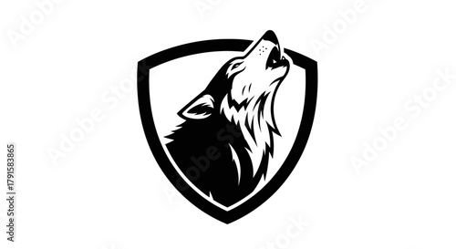 A black and white graphic illustration of a wolf howling within a shield.